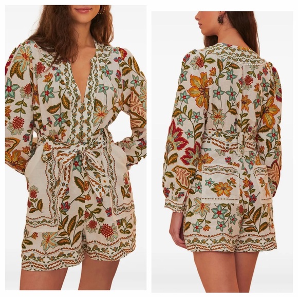 FARM Rio Pants - Farm Rio Botanical Off White Long Sleeve Romper Size Small NWT